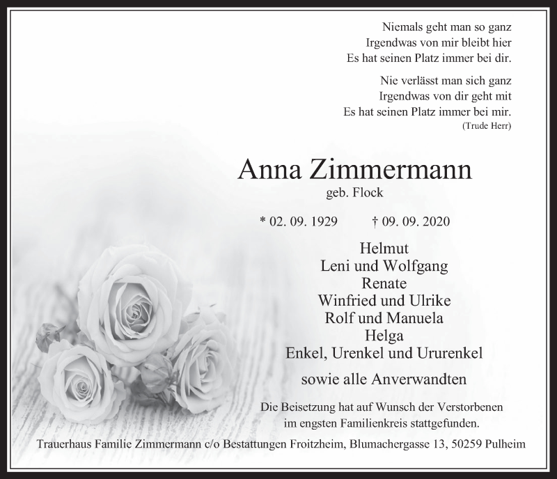  Traueranzeige für Anna Zimmermann vom 18.09.2020 aus  Wochenende 