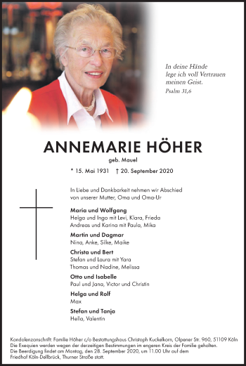 Anzeige von Annemarie Höher von Kölner Stadt-Anzeiger / Kölnische Rundschau / Express
