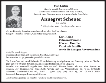 Anzeige von Annegret Scheuer von  Werbepost 