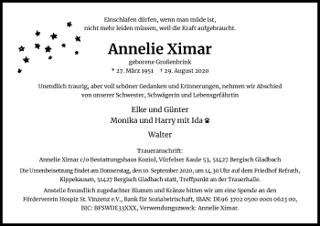 Anzeige von Annelie Ximar von Kölner Stadt-Anzeiger / Kölnische Rundschau / Express