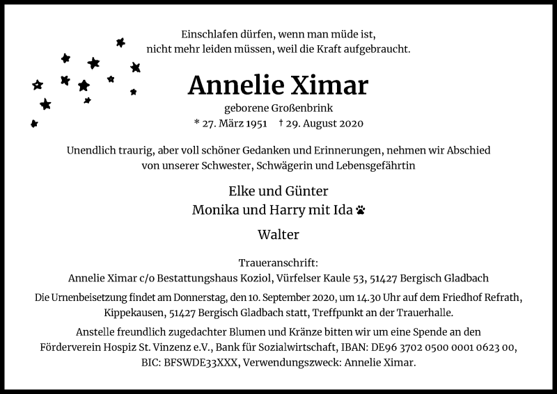  Traueranzeige für Annelie Ximar vom 05.09.2020 aus Kölner Stadt-Anzeiger / Kölnische Rundschau / Express