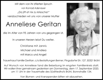 Anzeige von Anneliese Geritan von Kölner Stadt-Anzeiger / Kölnische Rundschau / Express