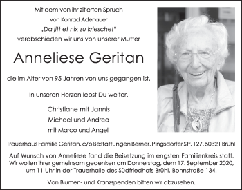 Anzeige von Anneliese Geritan von  Wochenende 