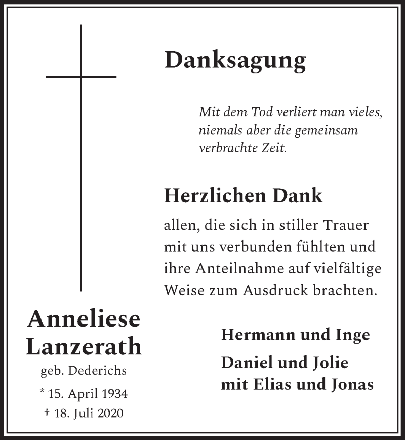  Traueranzeige für Anneliese Lanzerath vom 04.09.2020 aus  Schlossbote/Werbekurier 
