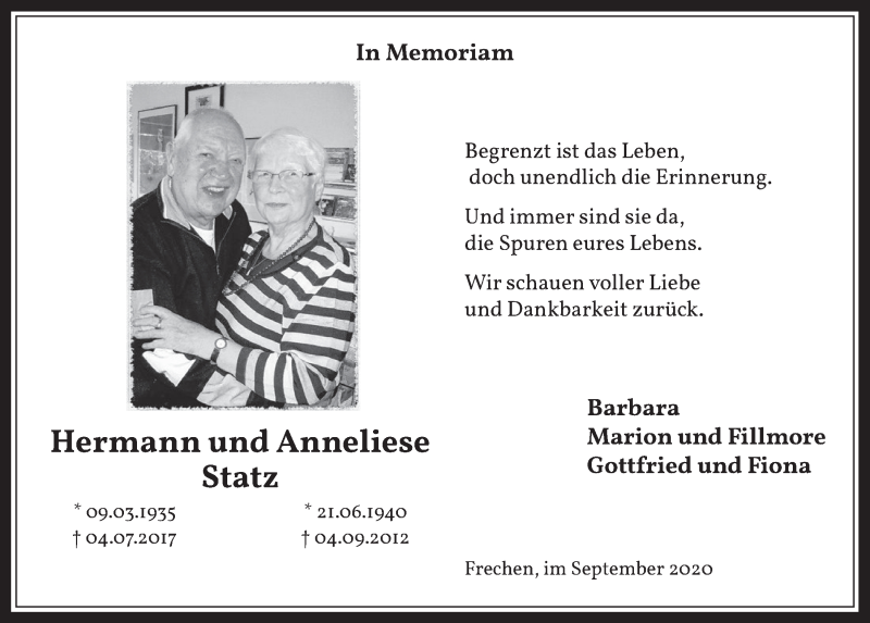  Traueranzeige für Anneliese Statz vom 04.09.2020 aus  Wochenende 