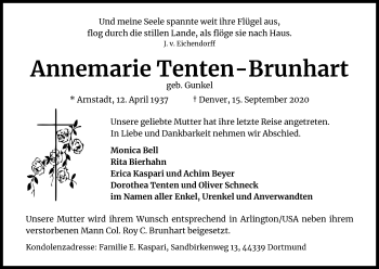Anzeige von Annemarie Tenten-Brunhart von Kölner Stadt-Anzeiger / Kölnische Rundschau / Express