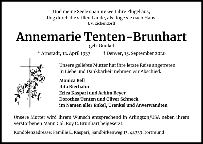  Traueranzeige für Annemarie Tenten-Brunhart vom 26.09.2020 aus Kölner Stadt-Anzeiger / Kölnische Rundschau / Express