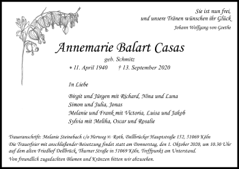 Anzeige von Annemarie Balart Casas von Kölner Stadt-Anzeiger / Kölnische Rundschau / Express