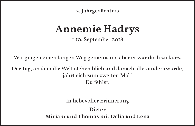  Traueranzeige für Annemie Hadrys vom 11.09.2020 aus  Werbepost 