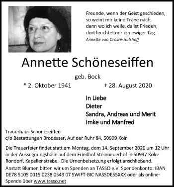 Anzeige von Annette Schöneseiffen von Kölner Stadt-Anzeiger / Kölnische Rundschau / Express