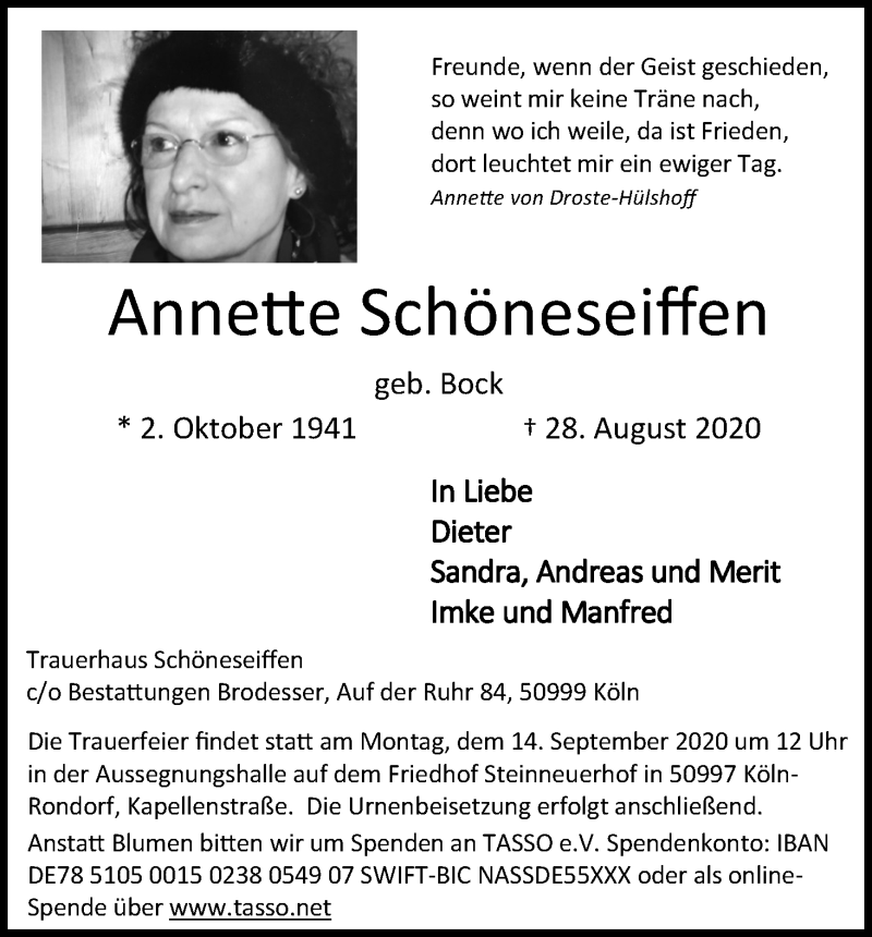  Traueranzeige für Annette Schöneseiffen vom 09.09.2020 aus Kölner Stadt-Anzeiger / Kölnische Rundschau / Express