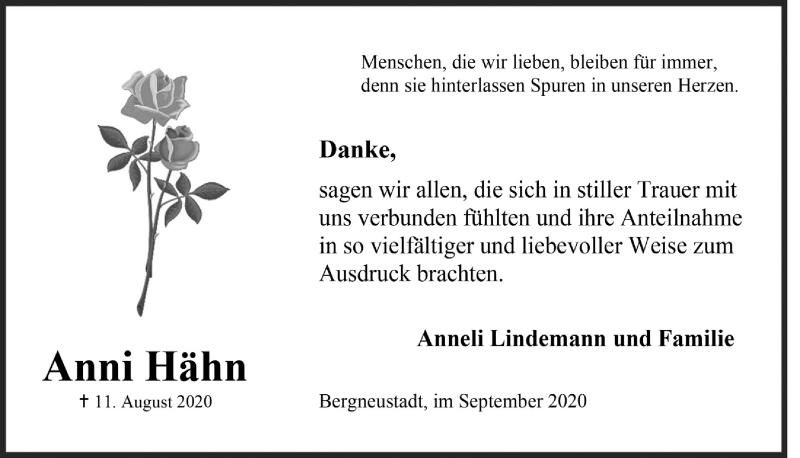  Traueranzeige für Anni Hähn vom 04.09.2020 aus  Anzeigen Echo 