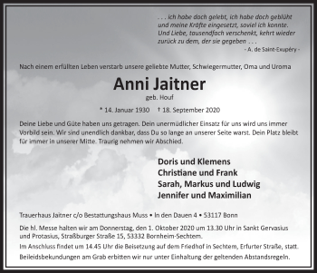 Anzeige von Anni Jaitner von  Schlossbote/Werbekurier 