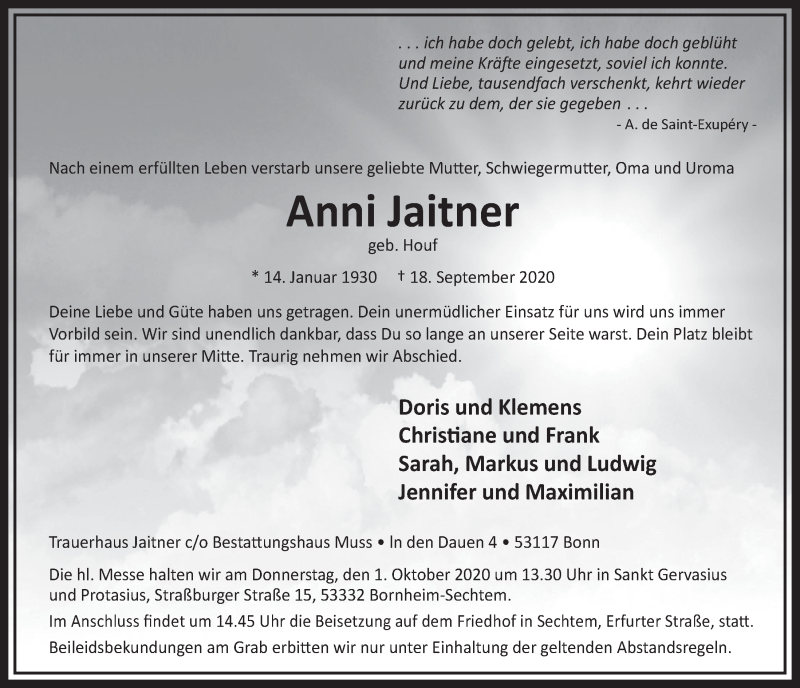  Traueranzeige für Anni Jaitner vom 25.09.2020 aus  Schlossbote/Werbekurier 