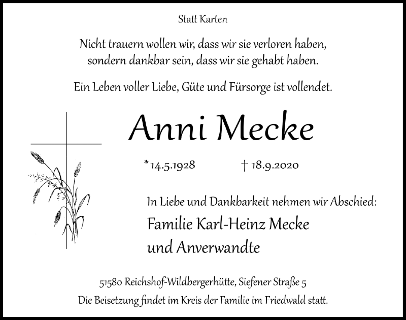  Traueranzeige für Anni Mecke vom 25.09.2020 aus  Lokalanzeiger 