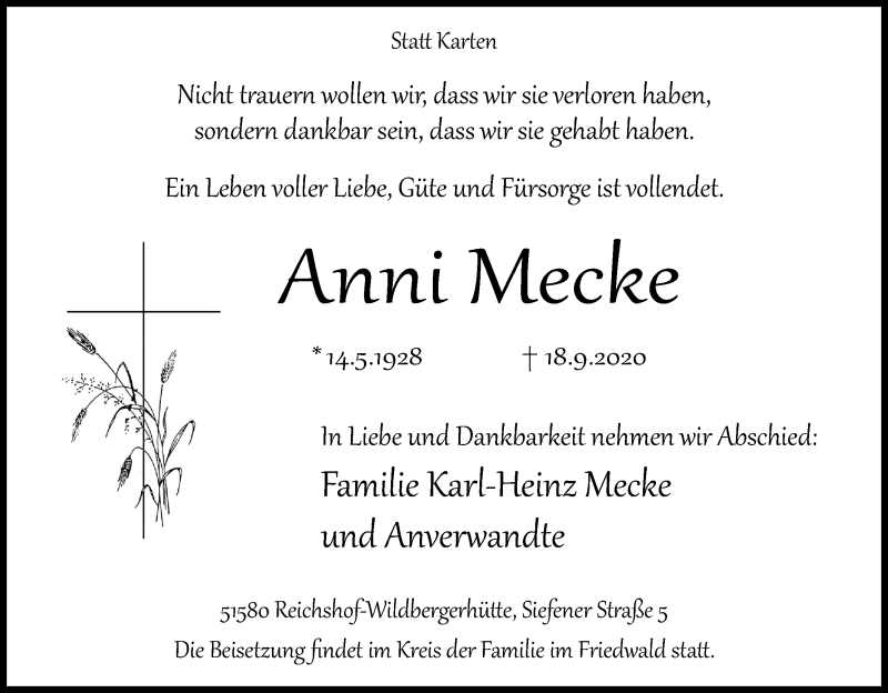  Traueranzeige für Anni Mecke vom 26.09.2020 aus Kölner Stadt-Anzeiger / Kölnische Rundschau / Express