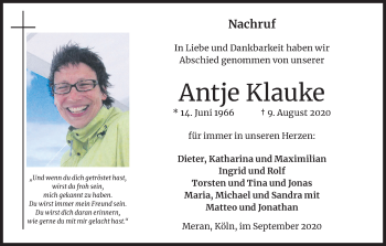 Anzeige von Antje Klauke von Kölner Stadt-Anzeiger / Kölnische Rundschau / Express