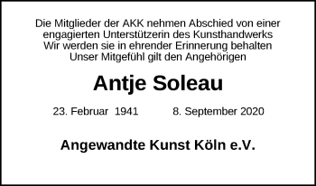 Anzeige von Antje Soleau von Kölner Stadt-Anzeiger / Kölnische Rundschau / Express