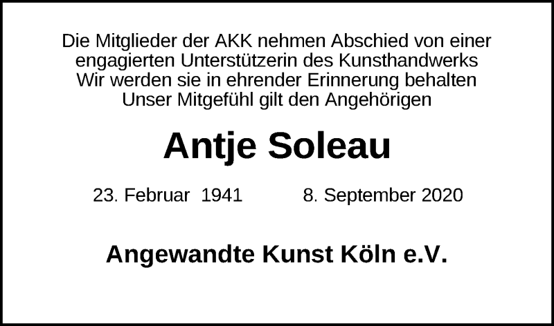  Traueranzeige für Antje Soleau vom 26.09.2020 aus Kölner Stadt-Anzeiger / Kölnische Rundschau / Express