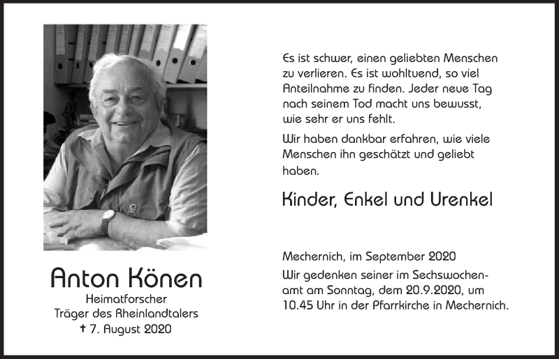  Traueranzeige für Anton Könen vom 12.09.2020 aus  Blickpunkt Euskirchen 