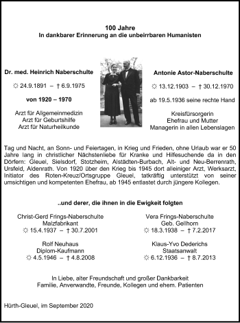 Anzeige von Antonie Astor-Naberschulte von Kölner Stadt-Anzeiger / Kölnische Rundschau / Express