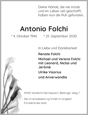 Anzeige von Antonio Folchi von  Lokalanzeiger 