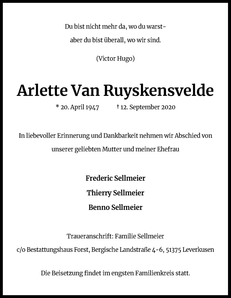  Traueranzeige für Arlette Van Ruyskensvelde vom 16.09.2020 aus Kölner Stadt-Anzeiger / Kölnische Rundschau / Express