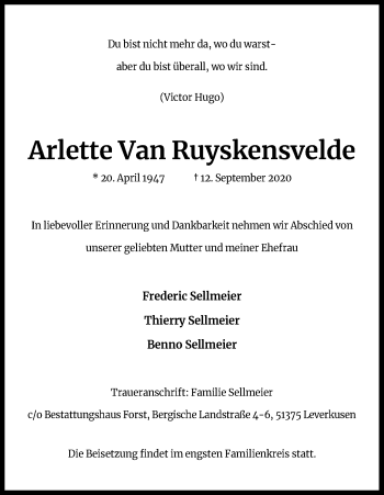 Anzeige von Arlette Van Ruyskensvelde von Kölner Stadt-Anzeiger / Kölnische Rundschau / Express