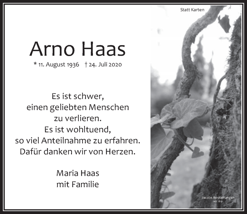  Traueranzeige für Arno Haas vom 18.09.2020 aus  Werbepost 