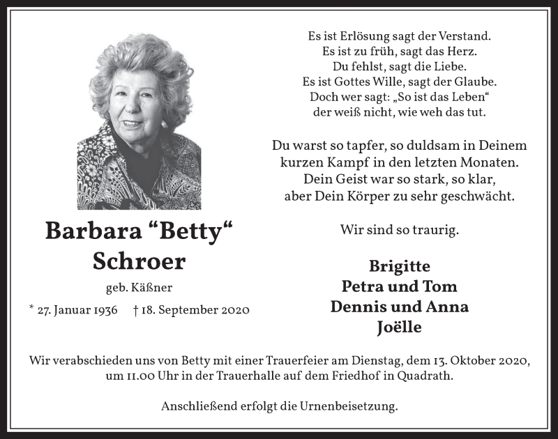  Traueranzeige für Barbara Schroer vom 01.10.2020 aus  Werbepost 