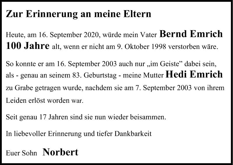  Traueranzeige für Bernd Emrich vom 16.09.2020 aus Kölner Stadt-Anzeiger / Kölnische Rundschau / Express