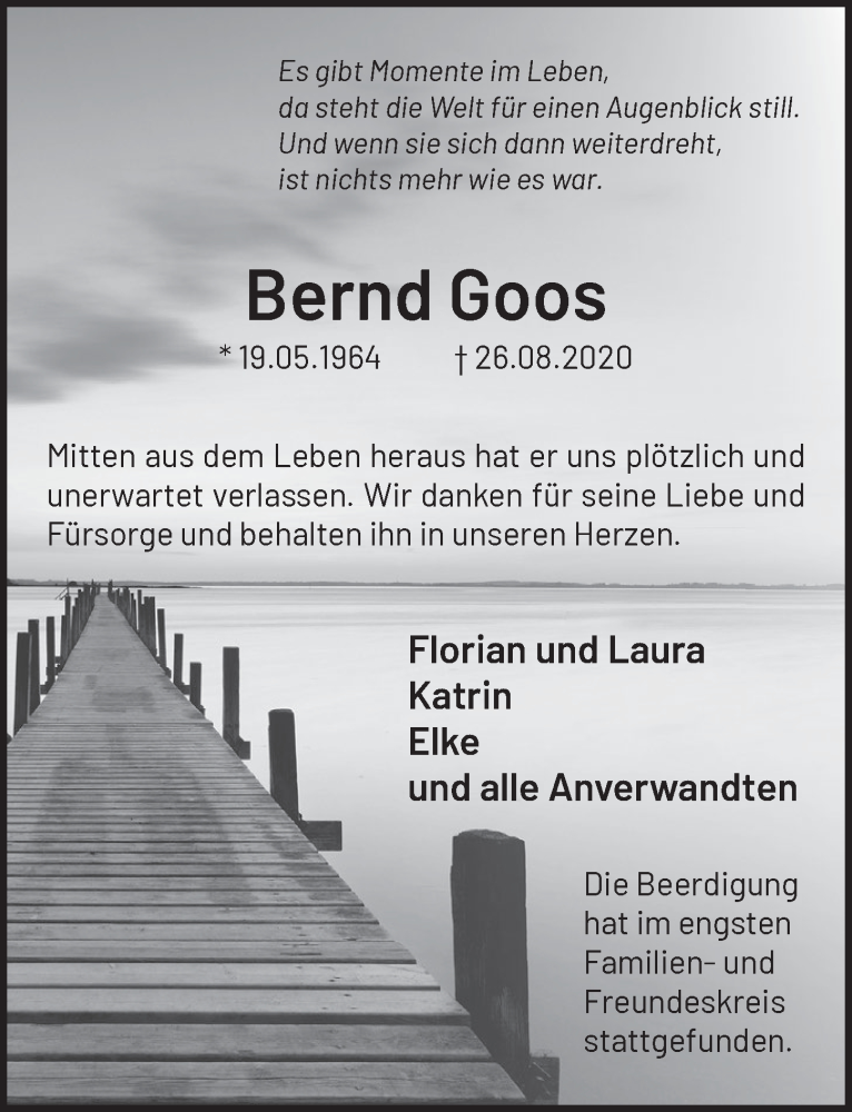  Traueranzeige für Bernd Goos vom 18.09.2020 aus  Werbepost 