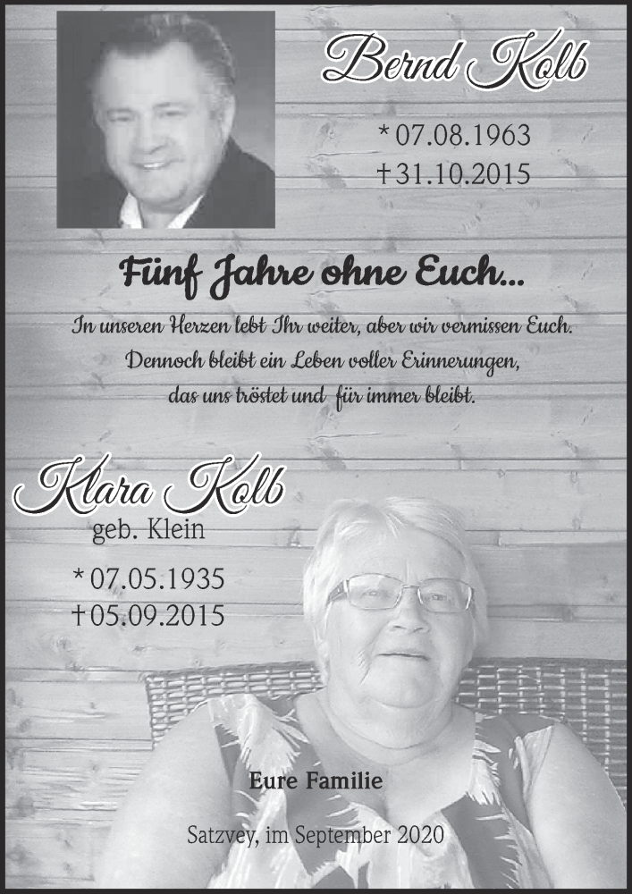  Traueranzeige für Bernd Kolb vom 05.09.2020 aus  Blickpunkt Euskirchen 