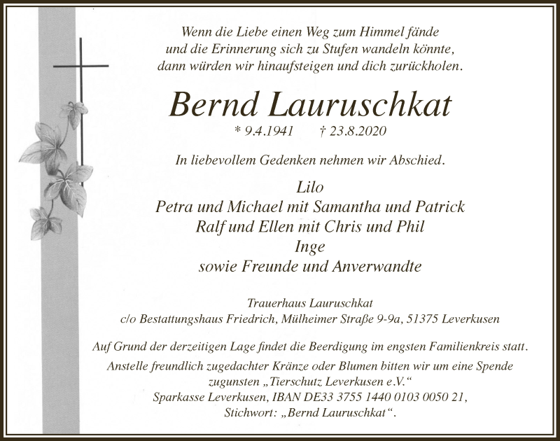  Traueranzeige für Bernd Lauruschkat vom 04.09.2020 aus  Lokale Informationen 