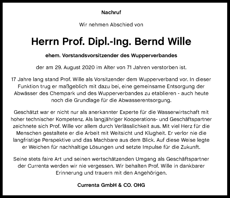  Traueranzeige für Bernd Wille vom 11.09.2020 aus Kölner Stadt-Anzeiger / Kölnische Rundschau / Express