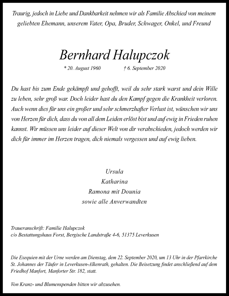  Traueranzeige für Bernhard Halupczok vom 16.09.2020 aus Kölner Stadt-Anzeiger / Kölnische Rundschau / Express