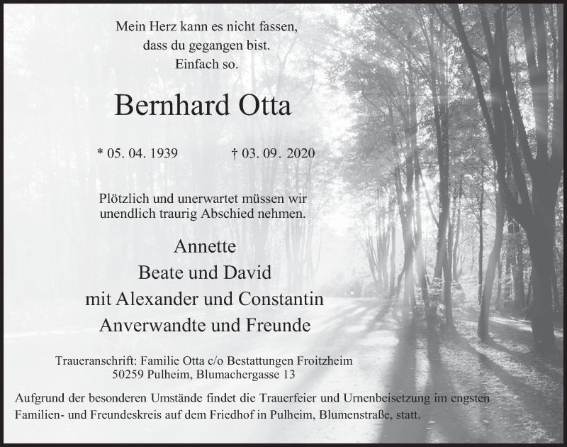 Traueranzeige für Bernhard Otta vom 11.09.2020 aus  Wochenende 