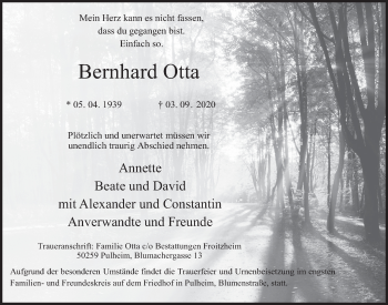 Anzeige von Bernhard Otta von  Wochenende 