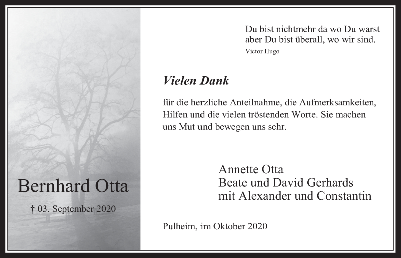  Traueranzeige für Bernhard Otta vom 01.10.2020 aus  Wochenende 