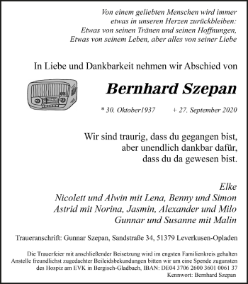 Anzeige von Bernhard Szepan von  Lokale Informationen 