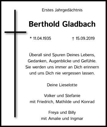 Anzeige von Berthold Gladbach von Kölner Stadt-Anzeiger / Kölnische Rundschau / Express