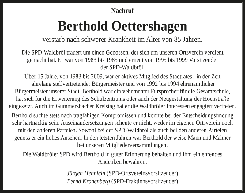  Traueranzeige für Berthold Oettershagen vom 25.09.2020 aus  Lokalanzeiger 