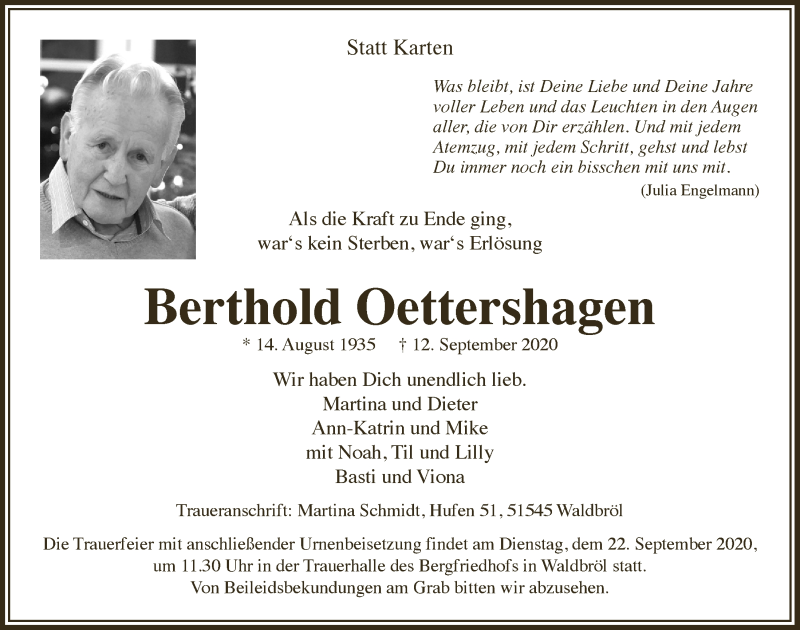  Traueranzeige für Berthold Oettershagen vom 18.09.2020 aus  Lokalanzeiger 
