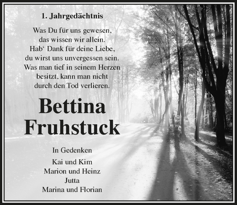 Traueranzeige für Bettina Fruhstuck vom 11.09.2020 aus  Anzeigen Echo 