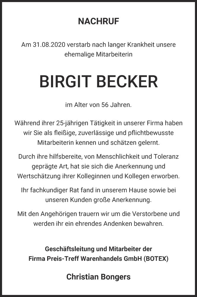  Traueranzeige für Birgit Becker vom 18.09.2020 aus  Kölner Wochenspiegel 