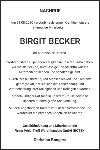 Anzeige von Birgit Becker von  Kölner Wochenspiegel 