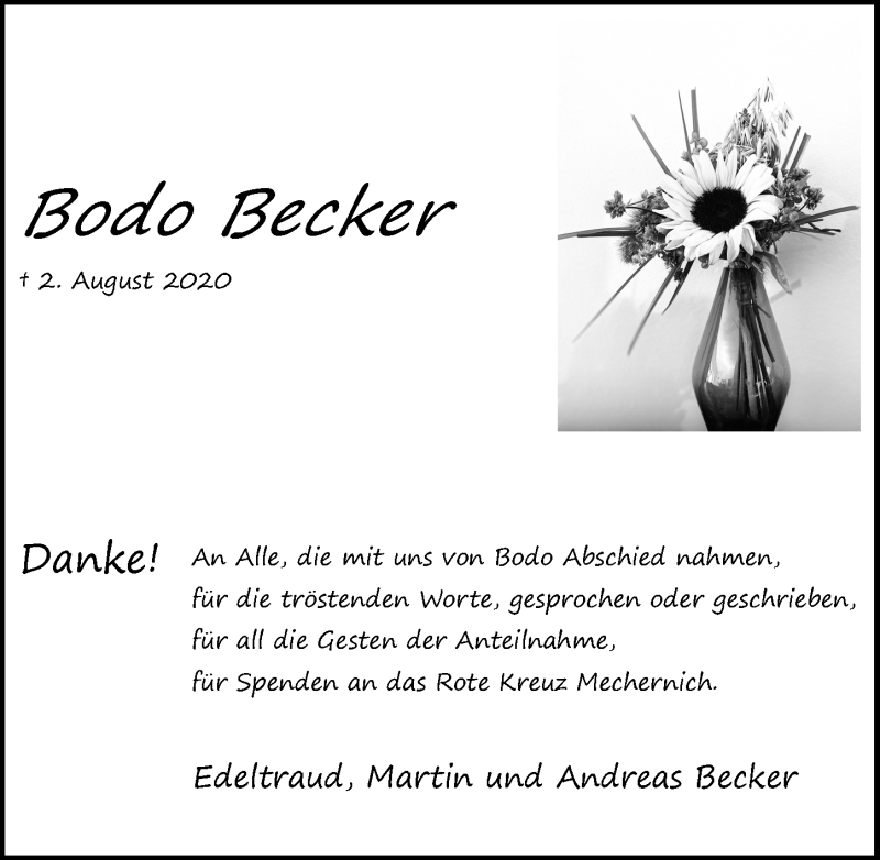  Traueranzeige für Bodo Becker vom 12.09.2020 aus  Blickpunkt Euskirchen 