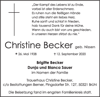 Anzeige von Brigitte Becker von  Schlossbote/Werbekurier 