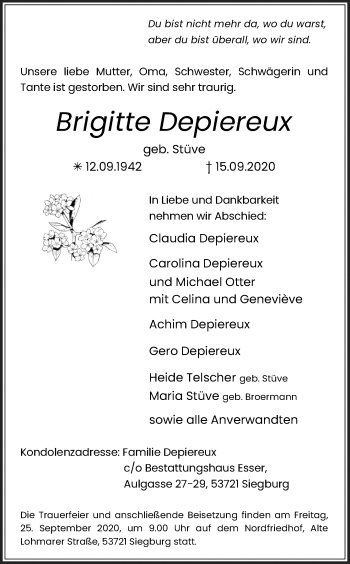 Anzeige von Brigitte Depiereux von Kölner Stadt-Anzeiger / Kölnische Rundschau / Express