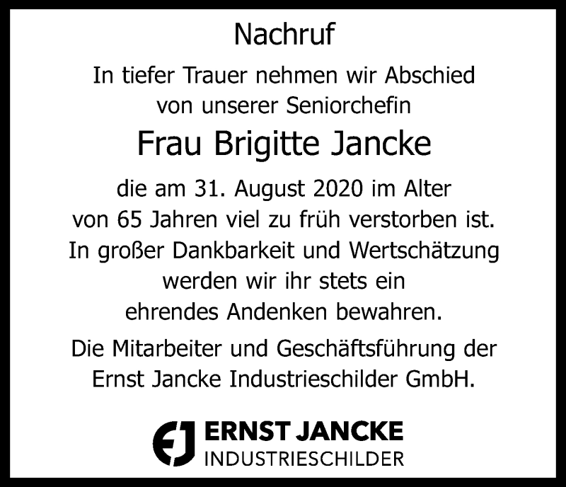  Traueranzeige für Brigitte Jancke vom 05.09.2020 aus Kölner Stadt-Anzeiger / Kölnische Rundschau / Express